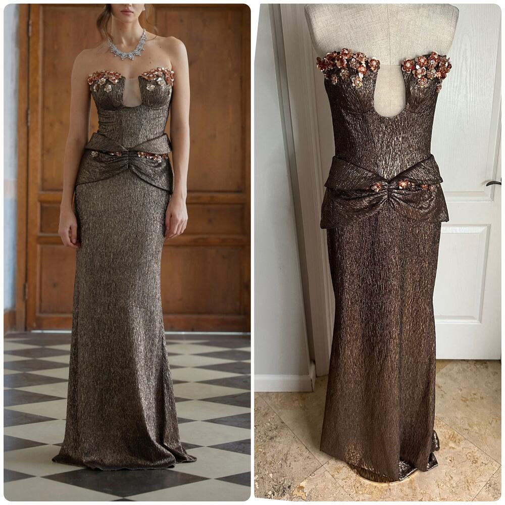 NWT Miss Rosier Laïs Brown Floral Ruched Textured Maxi Dress Sz S